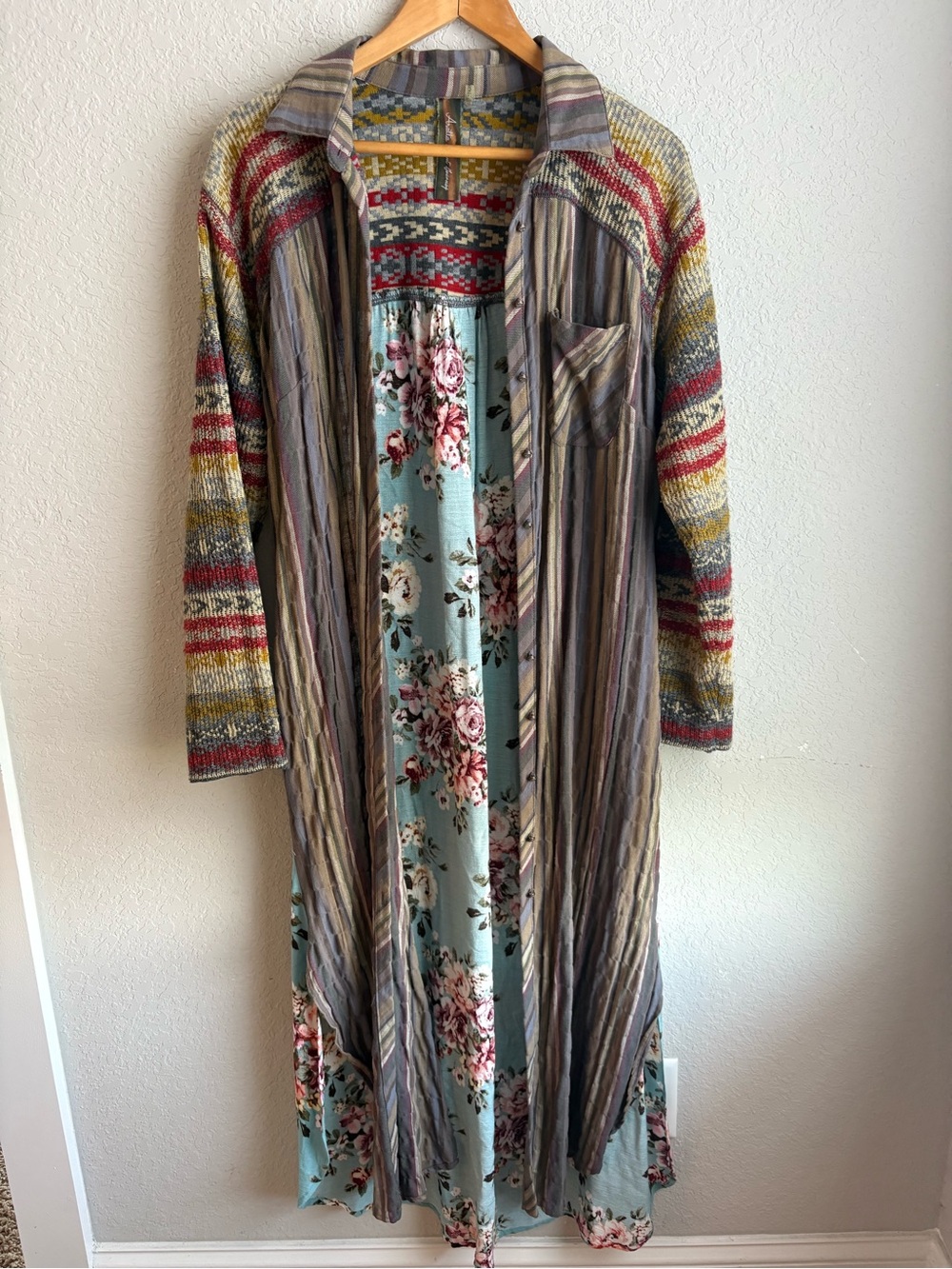 Aratta Silent Journey Mixed Media Duster Shirt Dress Floral Striped Boho Size S
